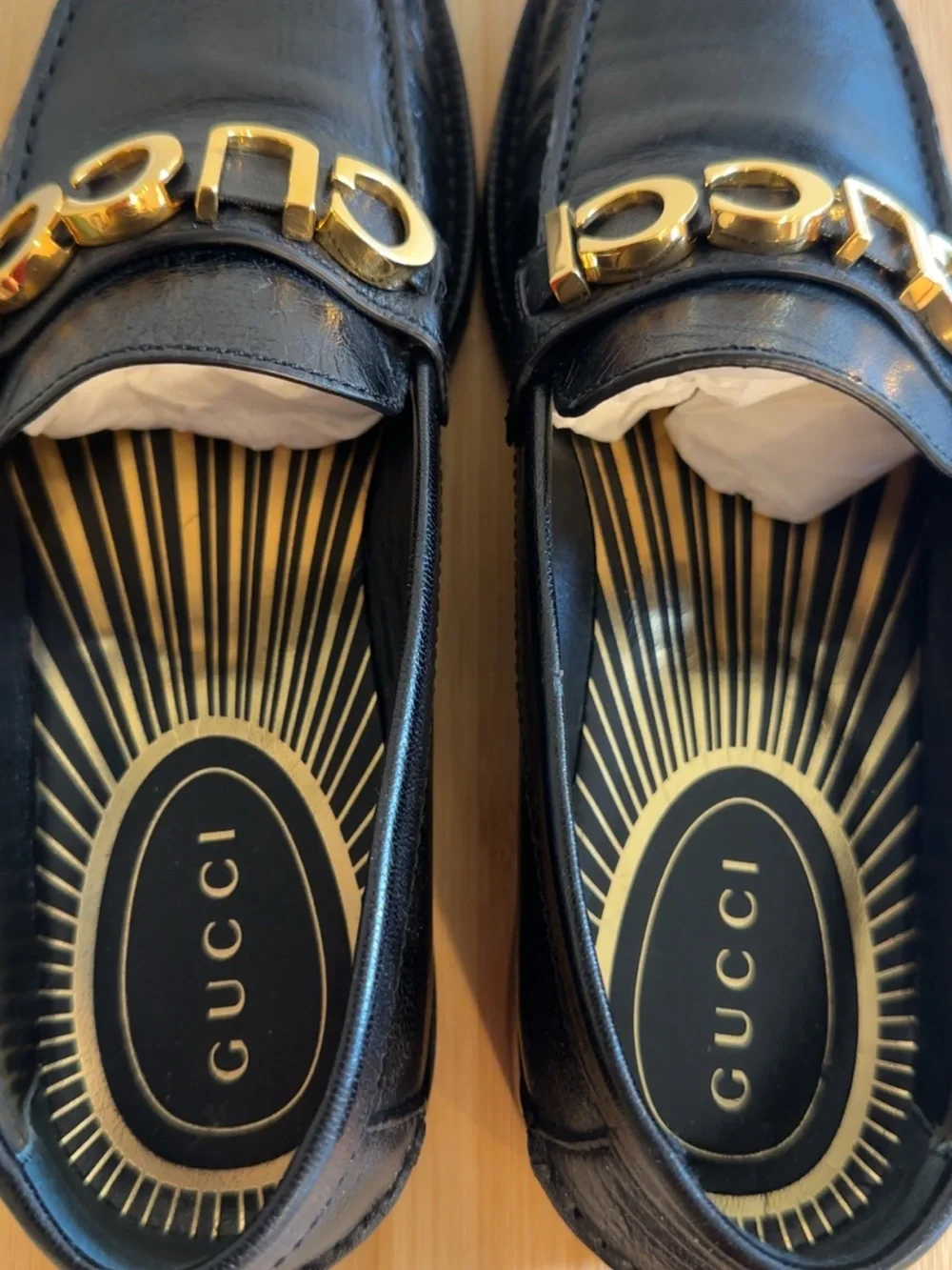 Gucci Black Leather Men’s Slip-On Loafers with Gold Logo Band